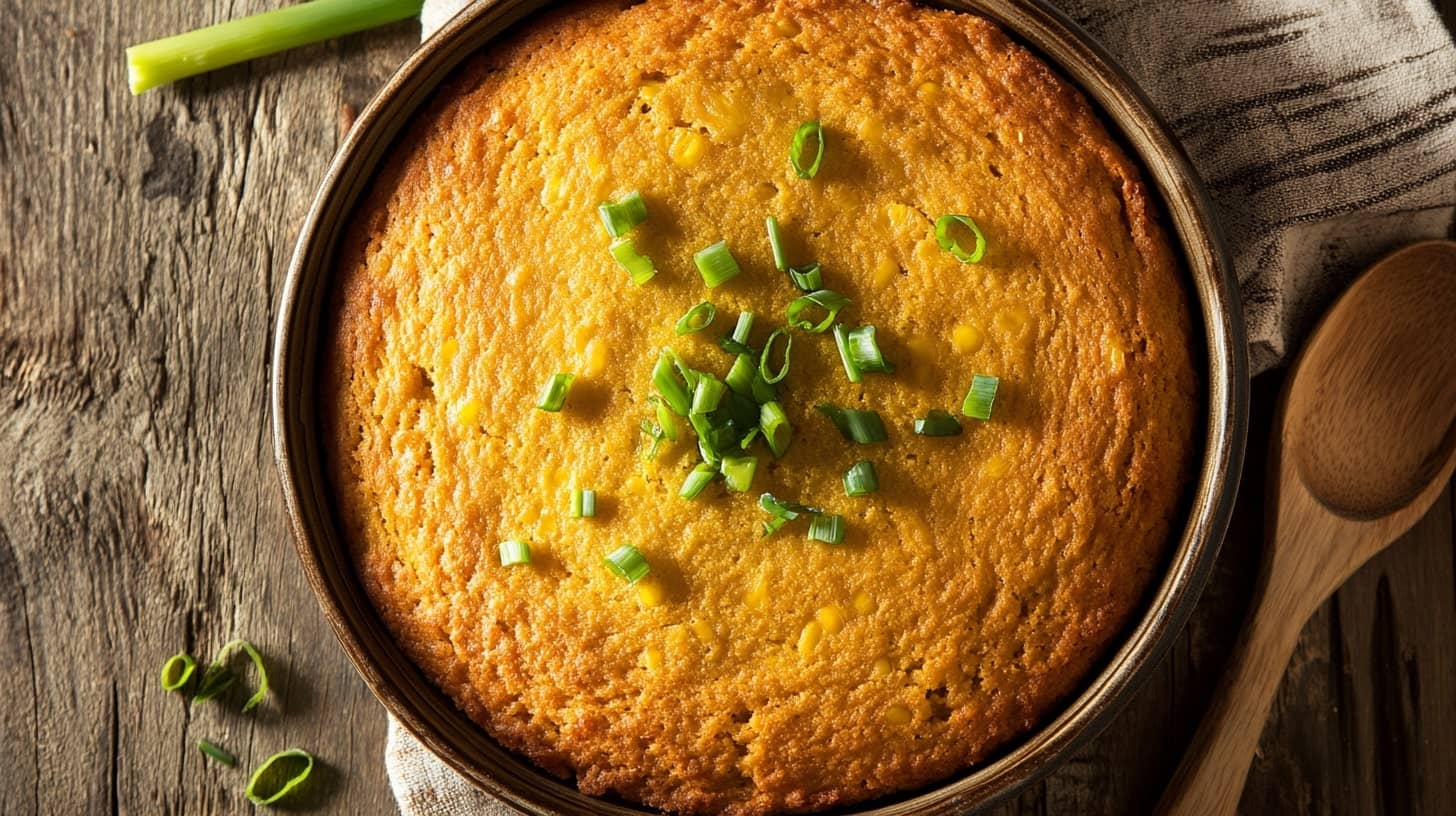 Baked Cowboy Cornbread Casserole with a golden crust garnished with green onions.