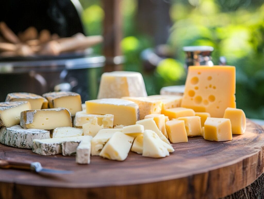 Assorted cheeses ready for smoking with applewood chips