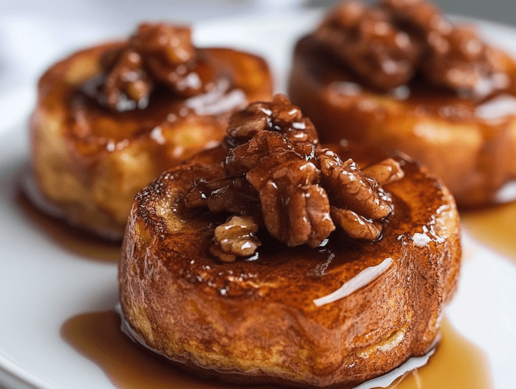 "Cinnamon Roll French Toast topped with syrup and powdered sugar, served on a white plate. The perfect blend of sweet and savory for a delicious breakfast treat.