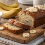 a freshly baked banana bread loaf sliced and placed on a wooden cutting board