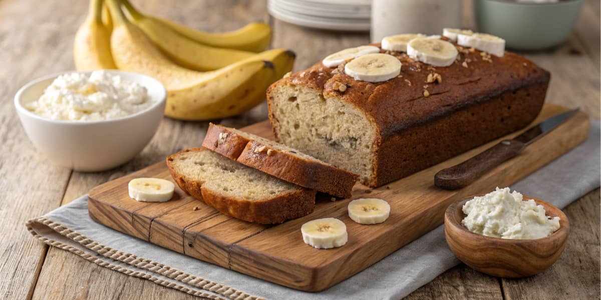 a freshly baked banana bread loaf sliced and placed on a wooden cutting board