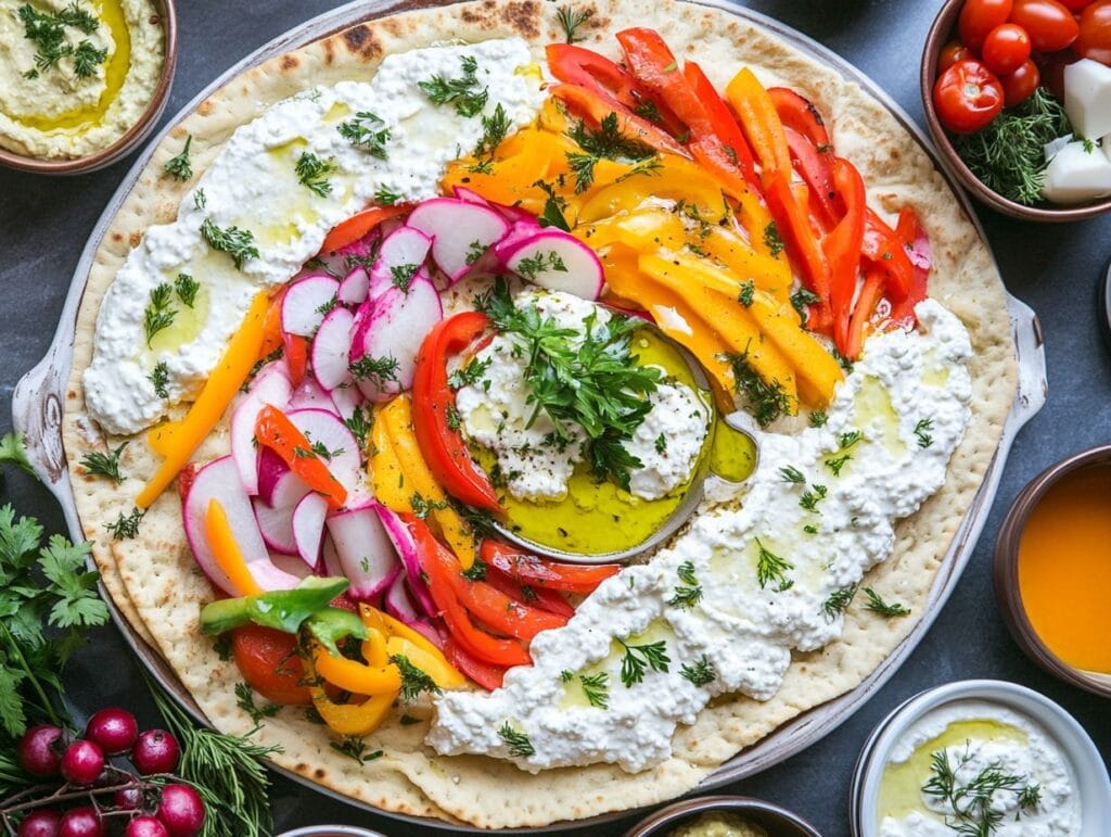 Cottage cheese flatbread in a festive setting with dips.