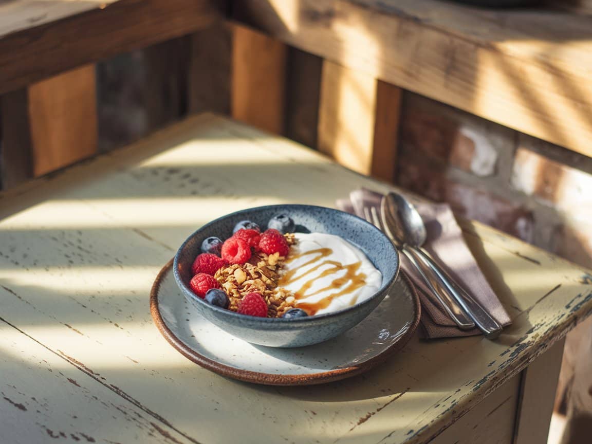 Bowl of vanilla Greek yogurt with berries and granola.