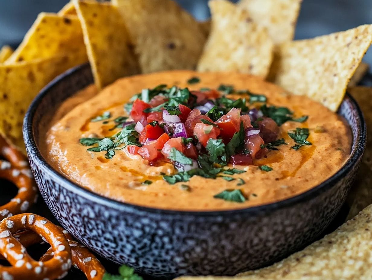 Close-up of smoked queso with various dippers