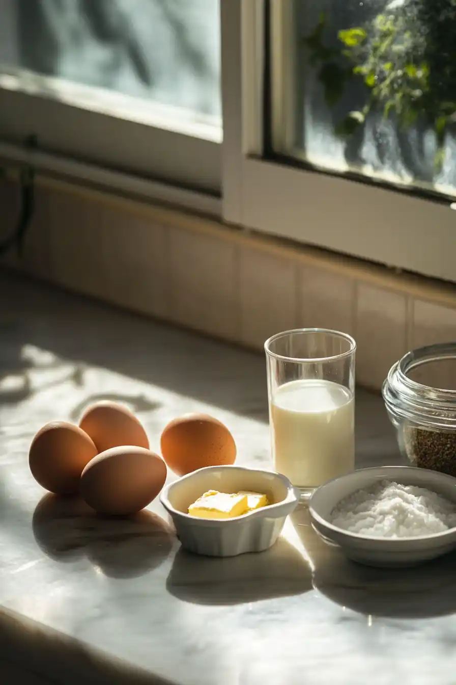 Ingredients for microwave scrambled eggs on a kitchen countertop.