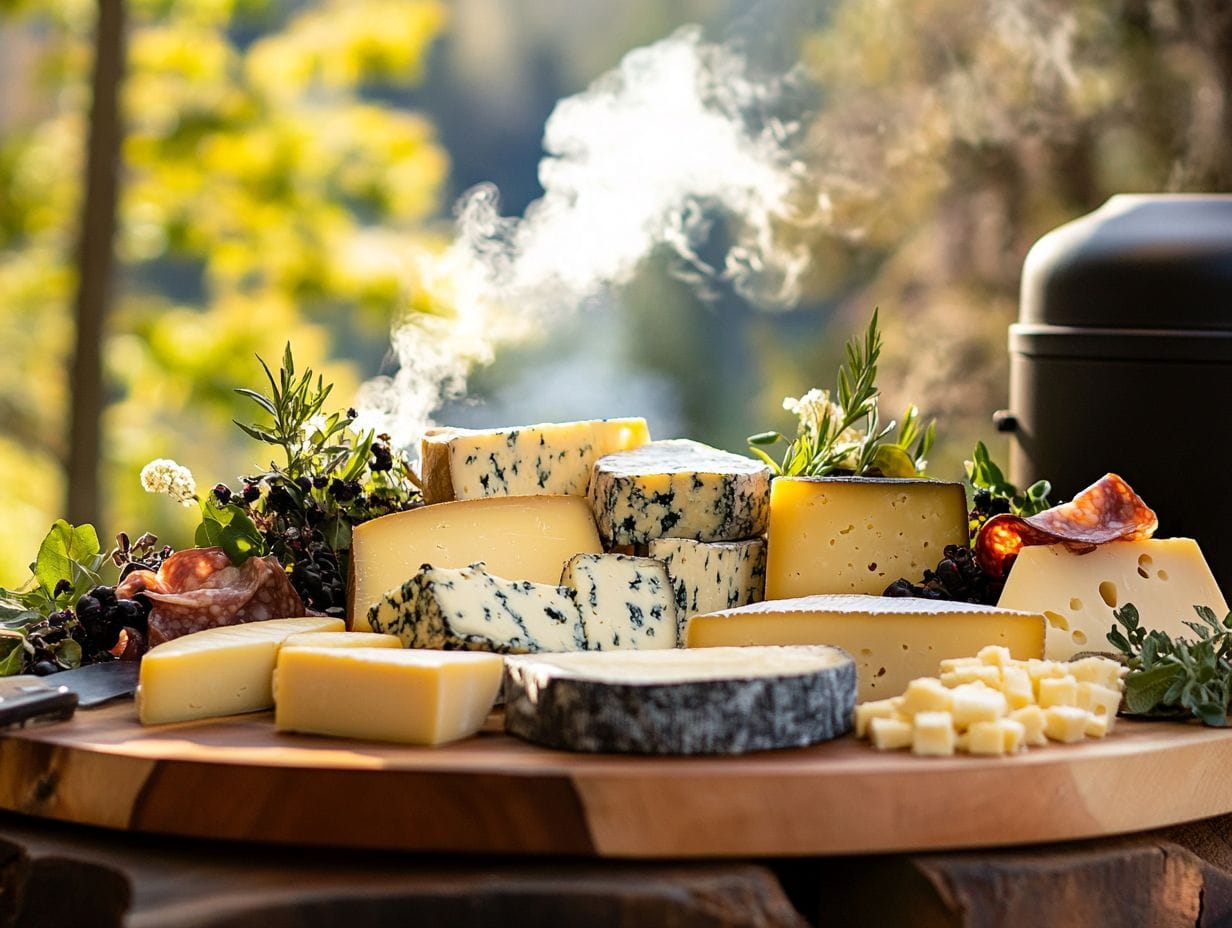 Assorted smoked cheeses on a garden cheese board