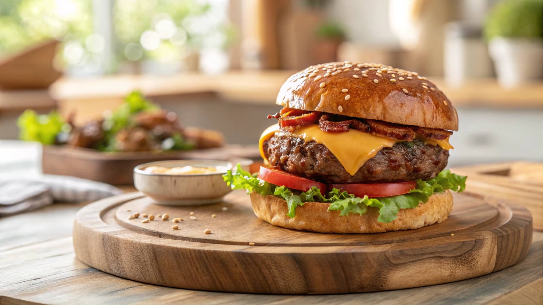 Gourmet Wagyu hamburger on a wooden board with fresh toppings