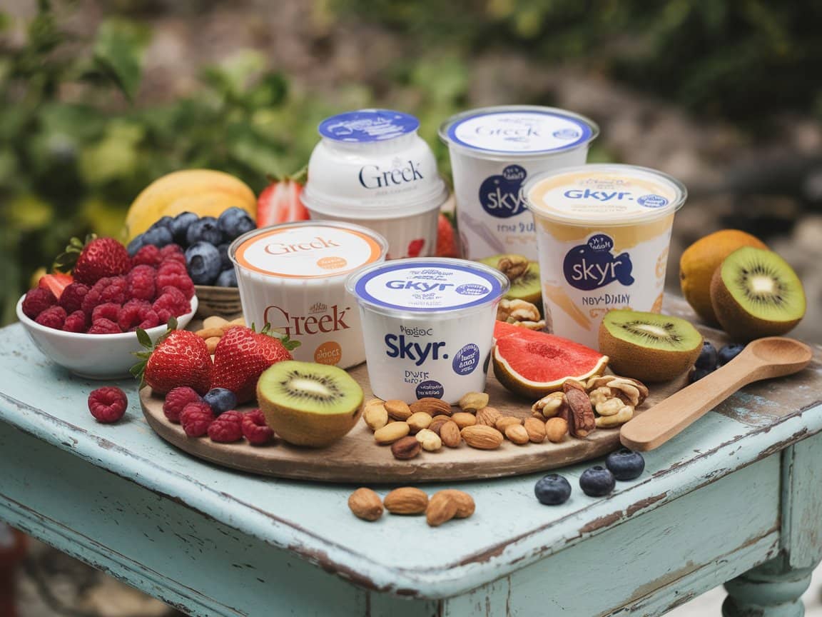 Selection of healthiest yogurts with fruits and nuts