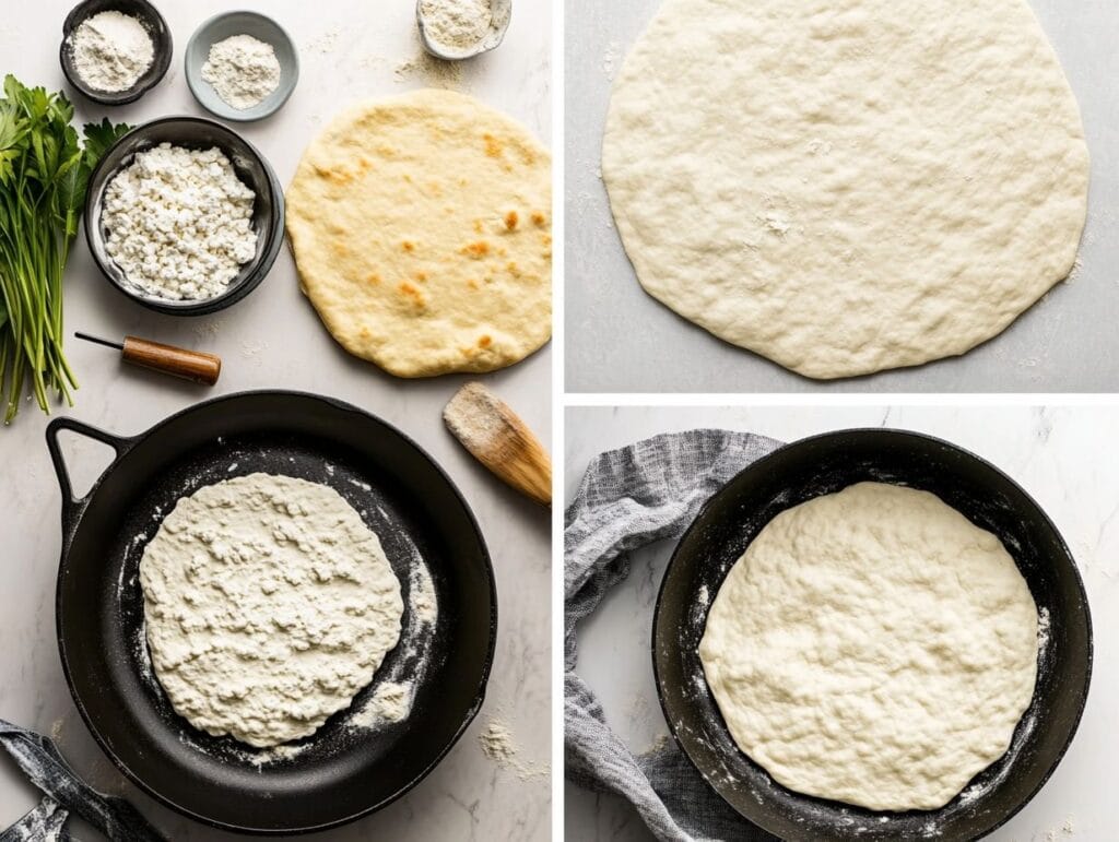 Step-by-step process of making cottage cheese flatbread.