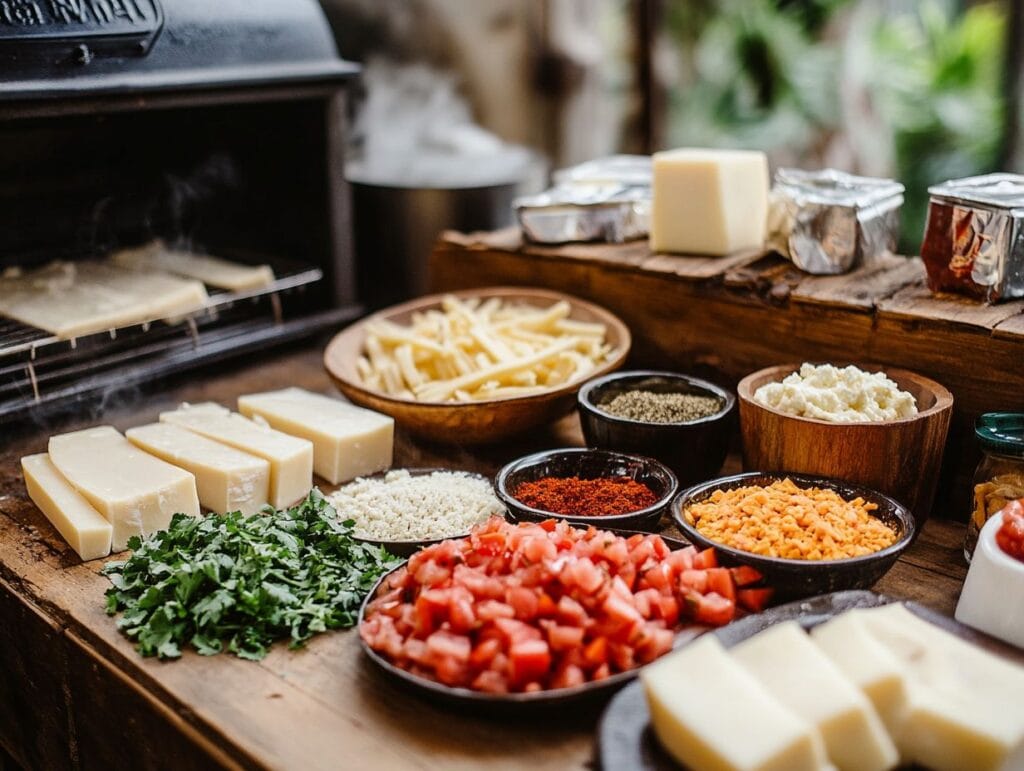 Ingredients for smoked queso laid out on a wooden table