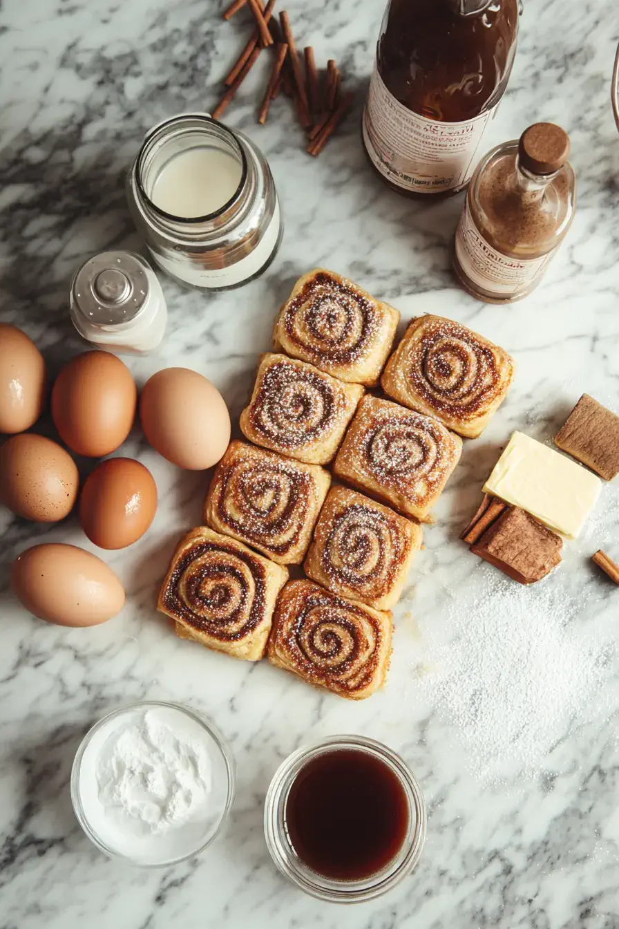 Fresh cinnamon rolls, eggs, milk, vanilla, and spices arranged on a marble countertop.