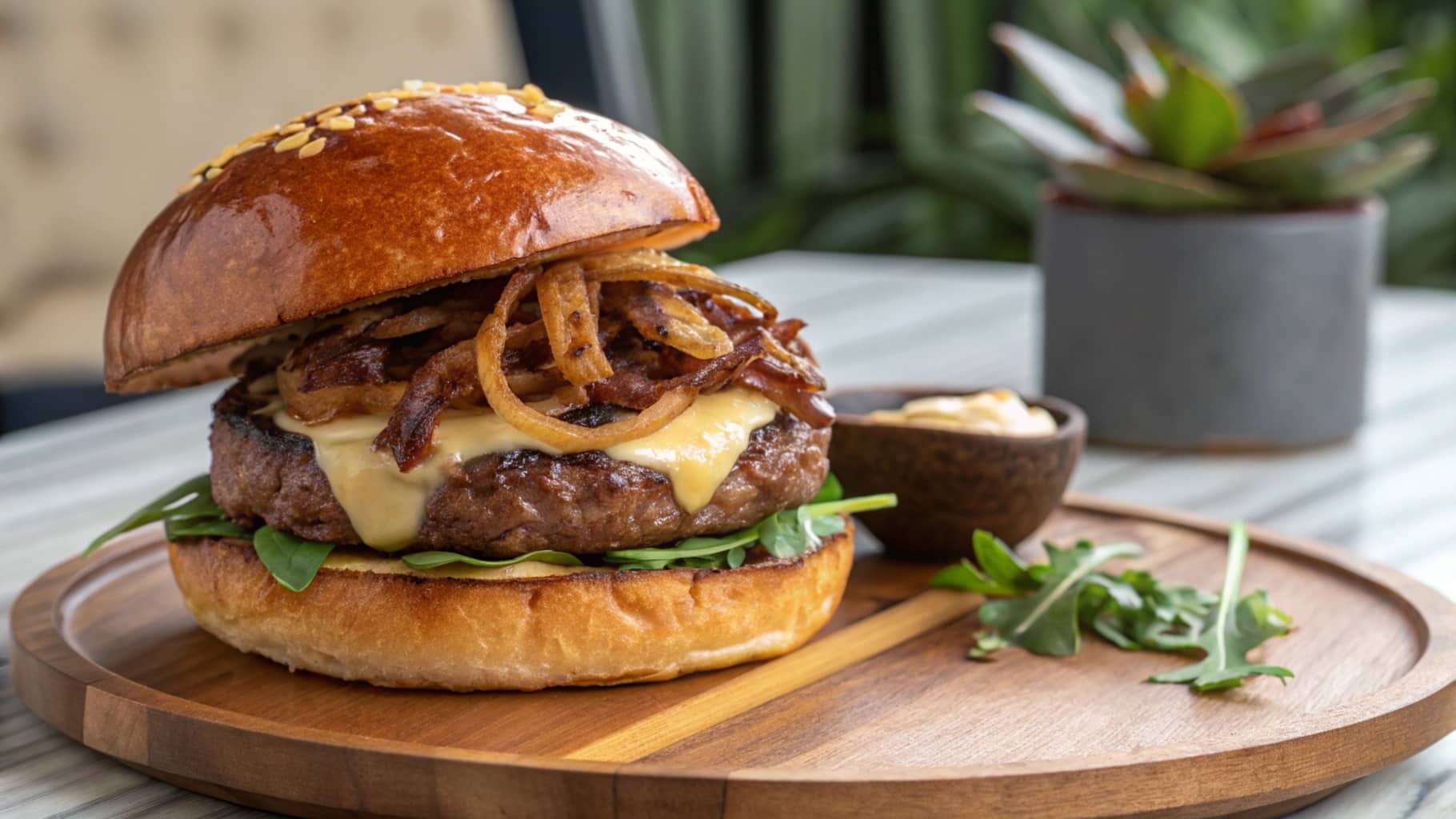 Premium Wagyu burger with cheddar, arugula, and caramelized onions