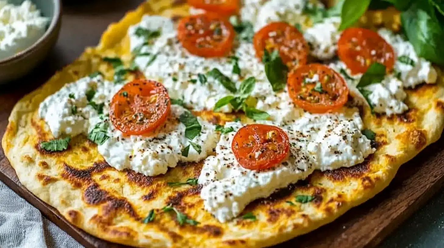 "Perfectly cooked cottage cheese flatbread on a kitchen table.