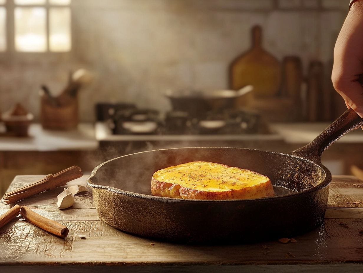 A chef meticulously flips a slice of golden-brown French toast in a cast iron skillet, set in a warmly lit, vintage kitchen filled with cooking essentials like cinnamon and vanilla.