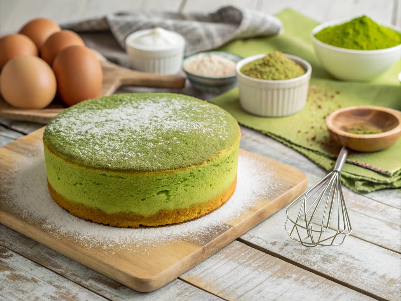 Freshly baked matcha sponge cake with bright green interior and matcha powder topping.