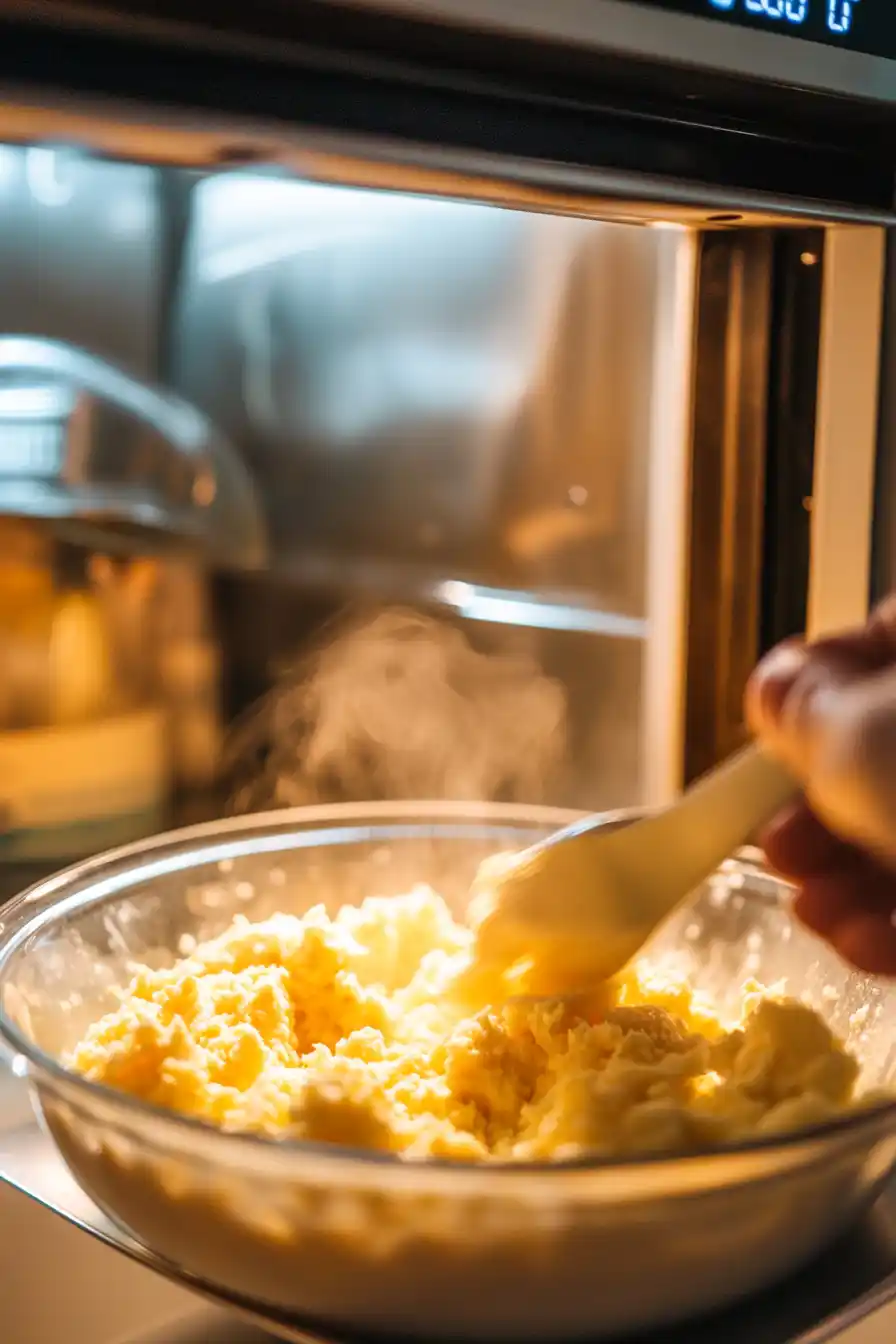 Half-cooked scrambled eggs being stirred inside a microwave-safe bowl.