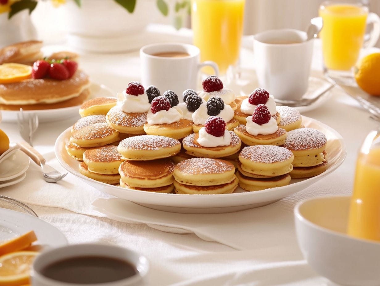 A vibrant breakfast table set with mini pancakes, fresh berries, coffee, and orange juice in a bright, modern kitchen.