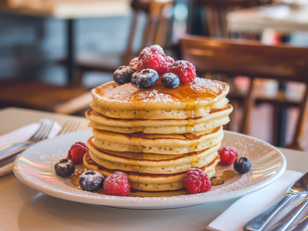 Restaurant Pancakes topped with fresh fruit and powdered sugar