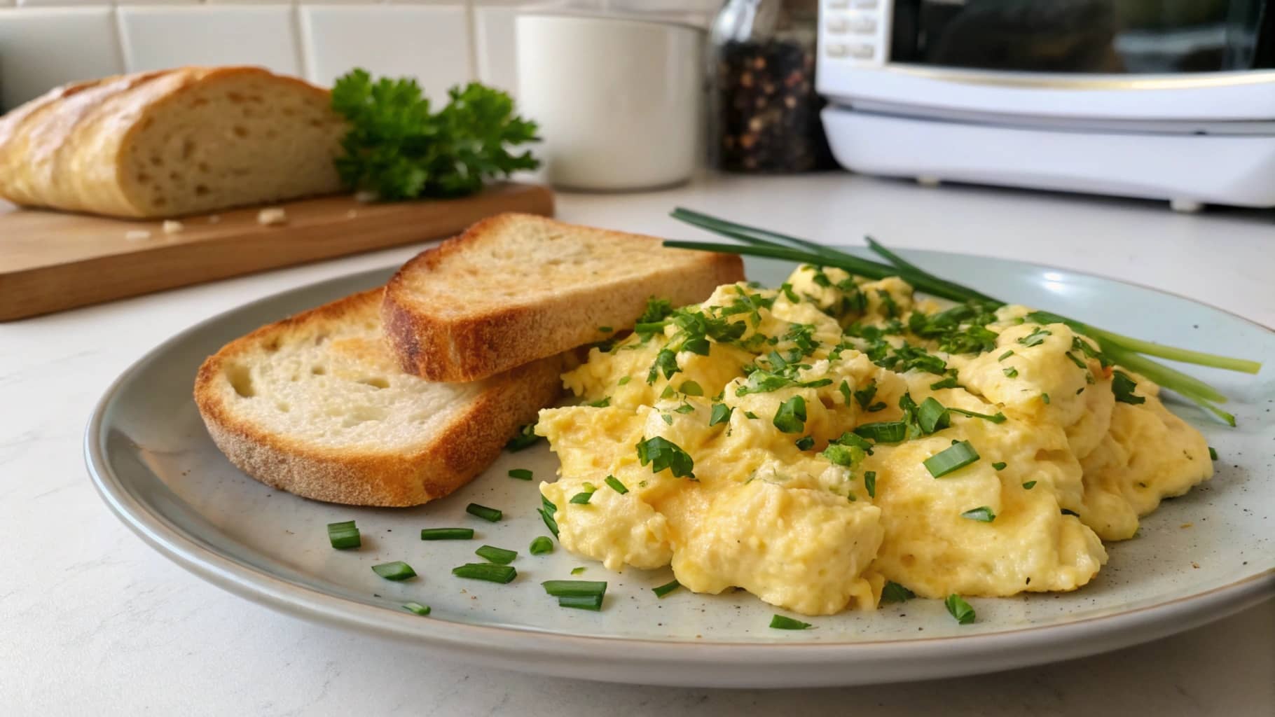 Perfect microwave scrambled eggs served on a plate with toast.