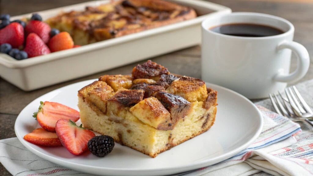 Serving of brioche French toast casserole with fruit