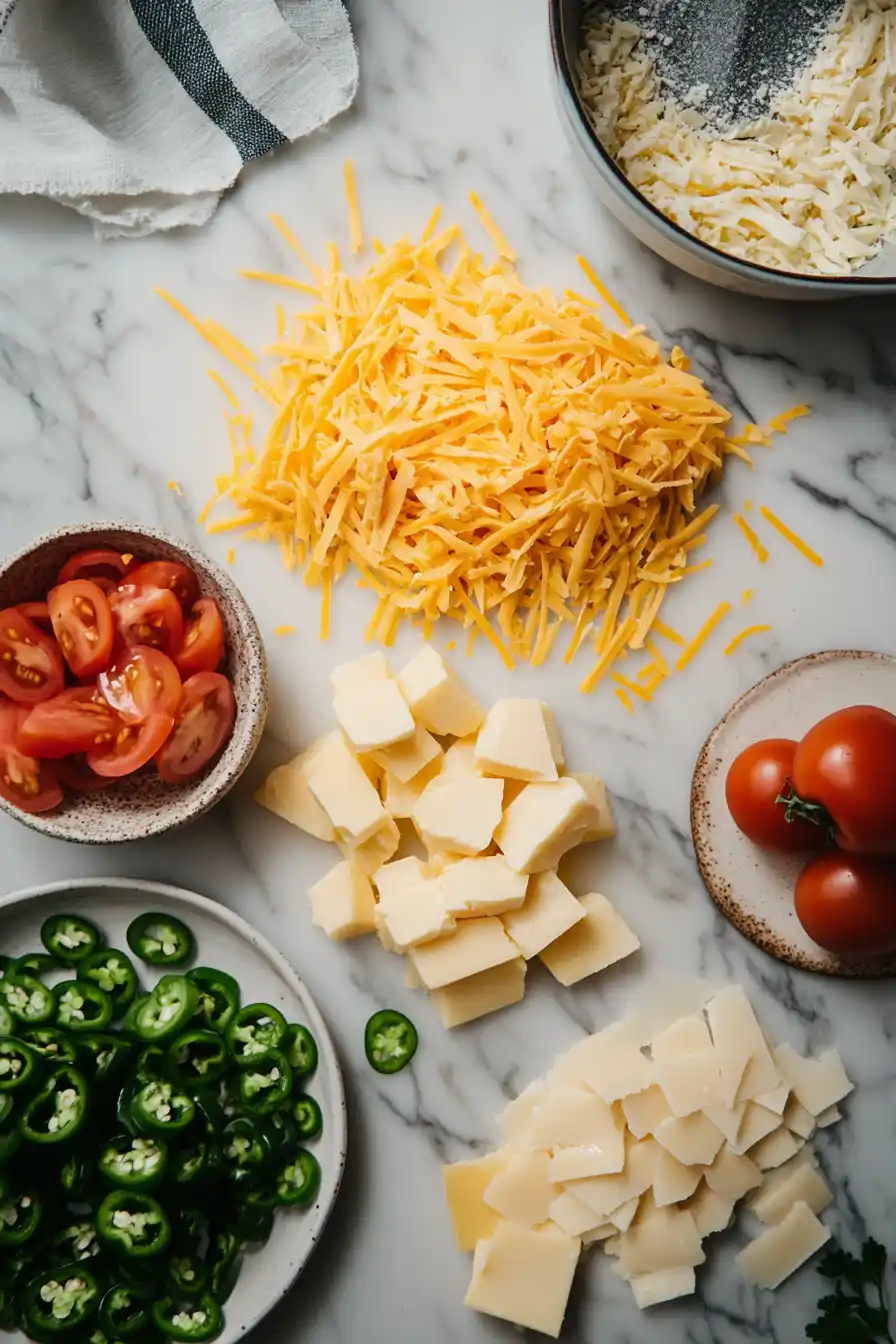 Ingredients for smoked queso recipe on a marble countertop