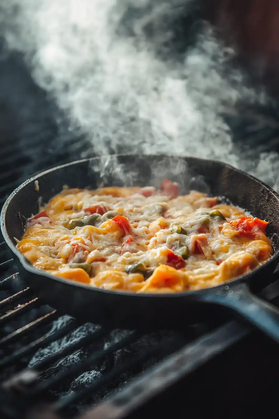 Cast-iron skillet with queso ingredients on a smoker grill