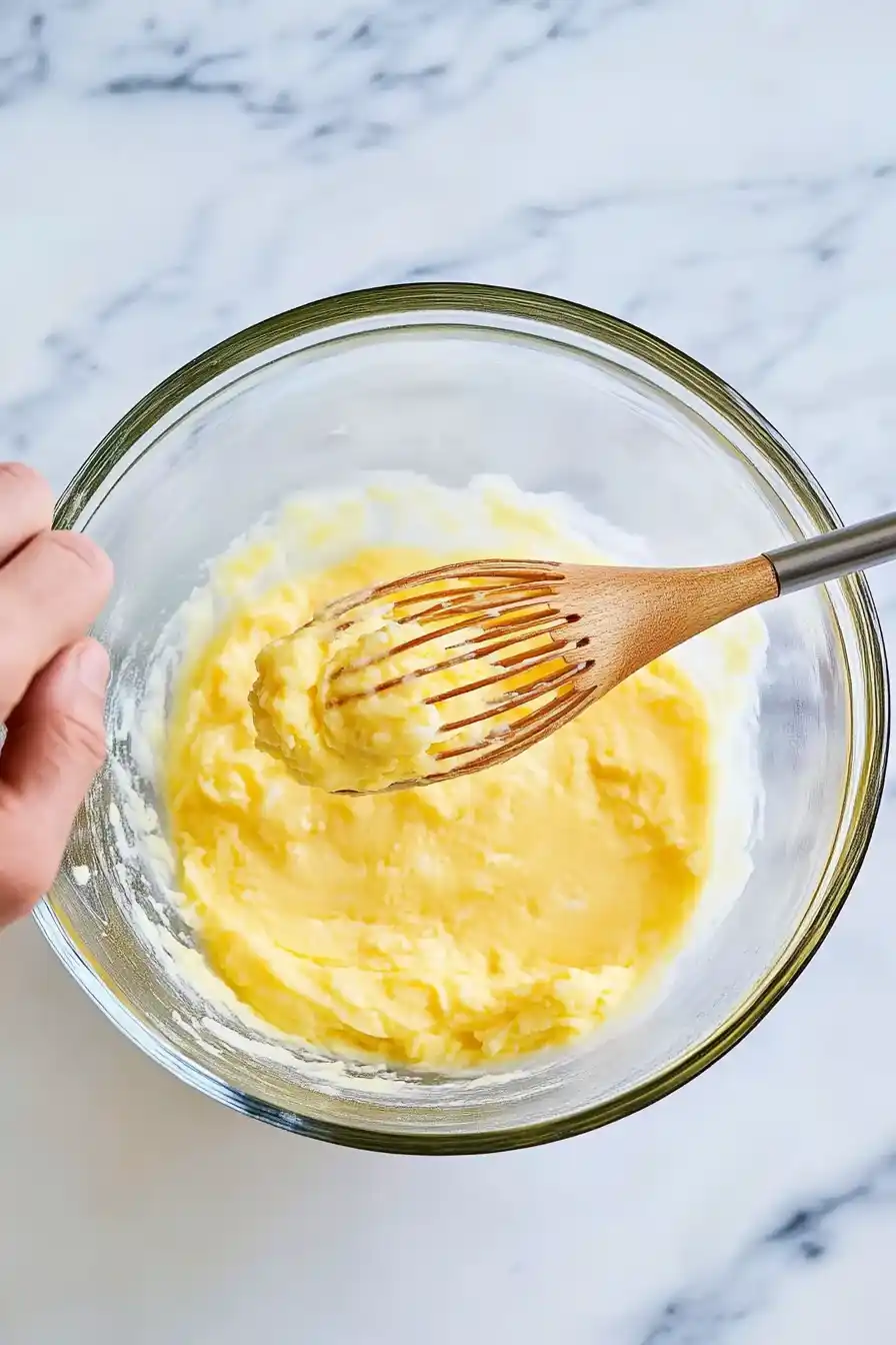 A person whisking eggs in a glass bowl for microwave scrambled eggs.
