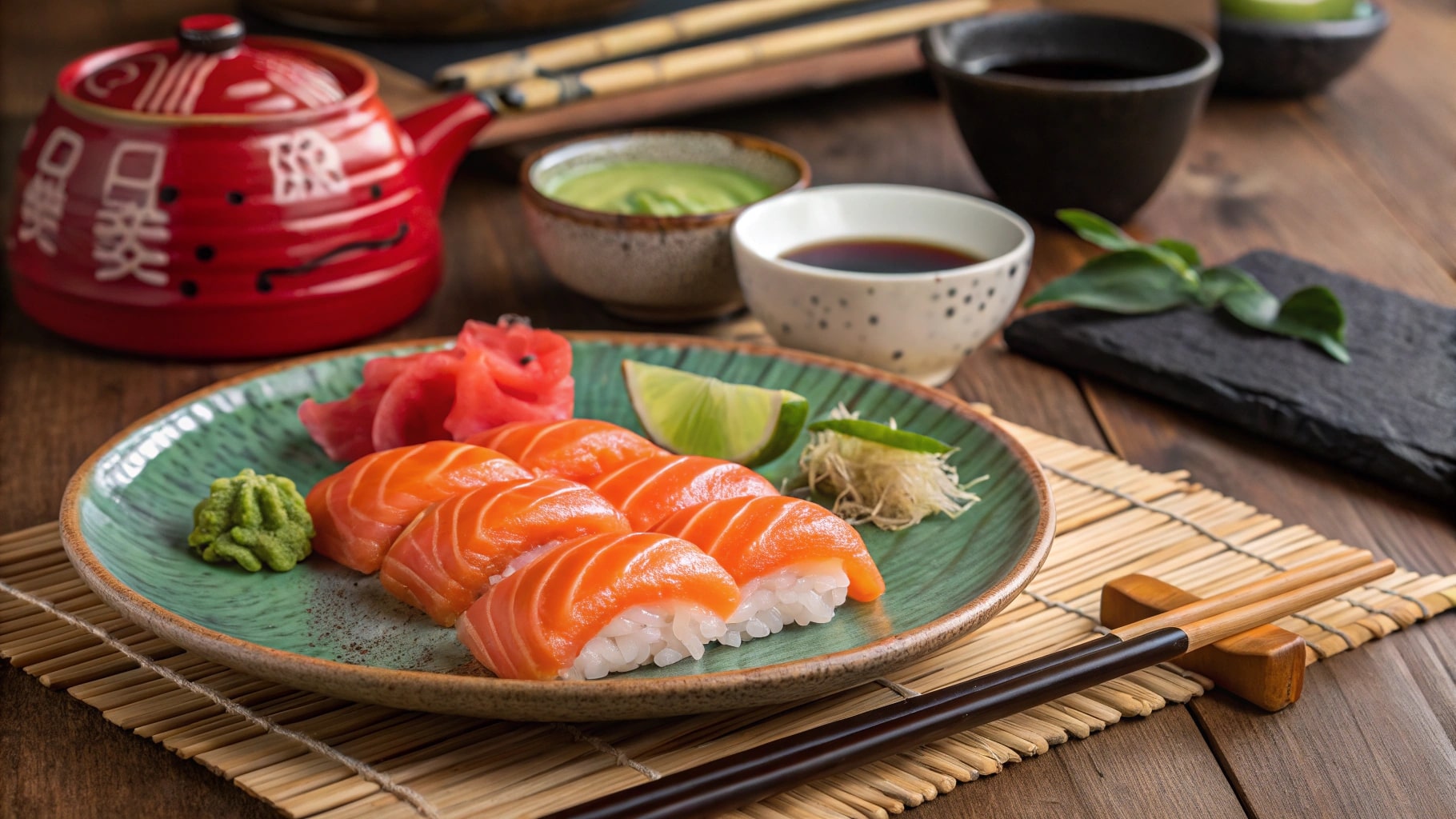 A beautiful plate of sushi topped with fresh salmon slices, served with soy sauce, wasabi, and pickled ginger.