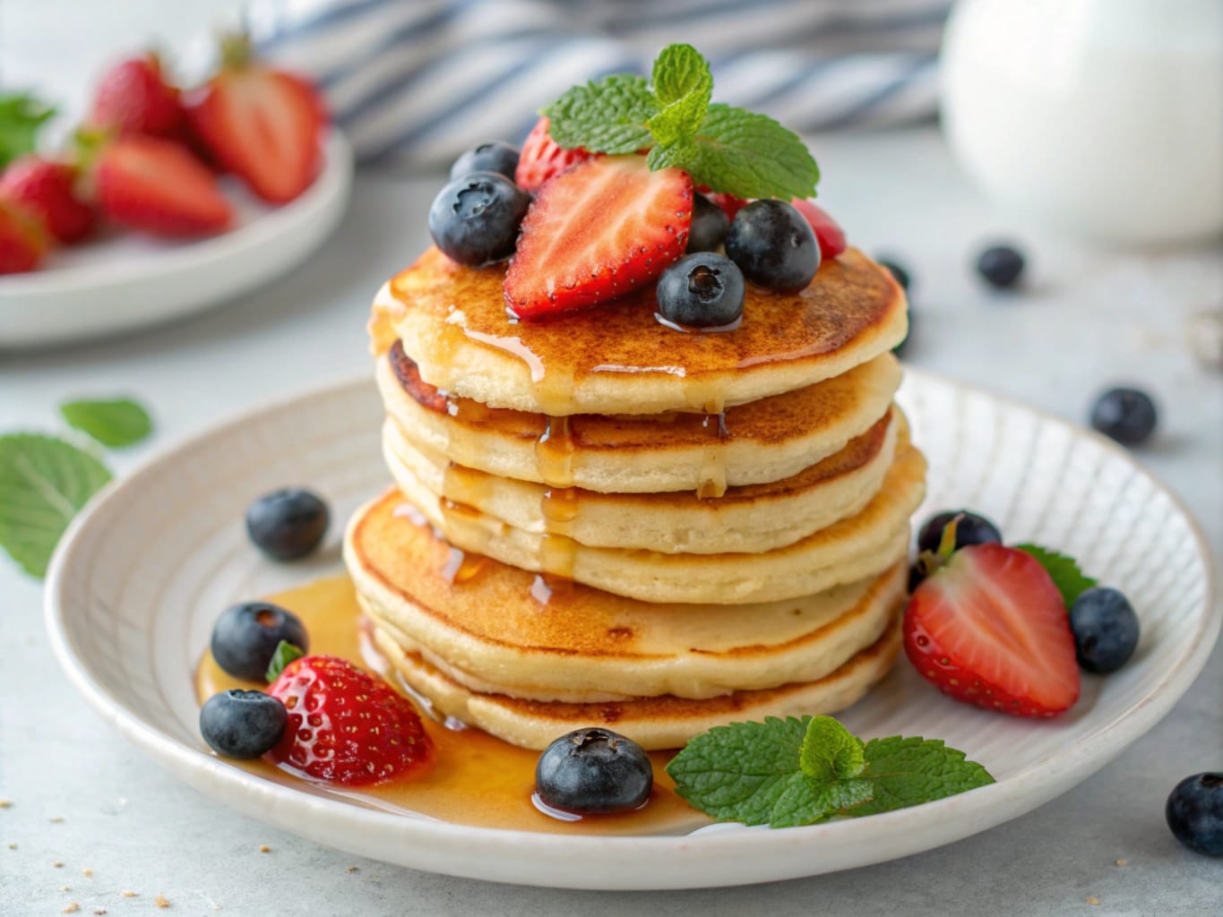 A stack of golden mini pancakes topped with syrup and fresh fruit.