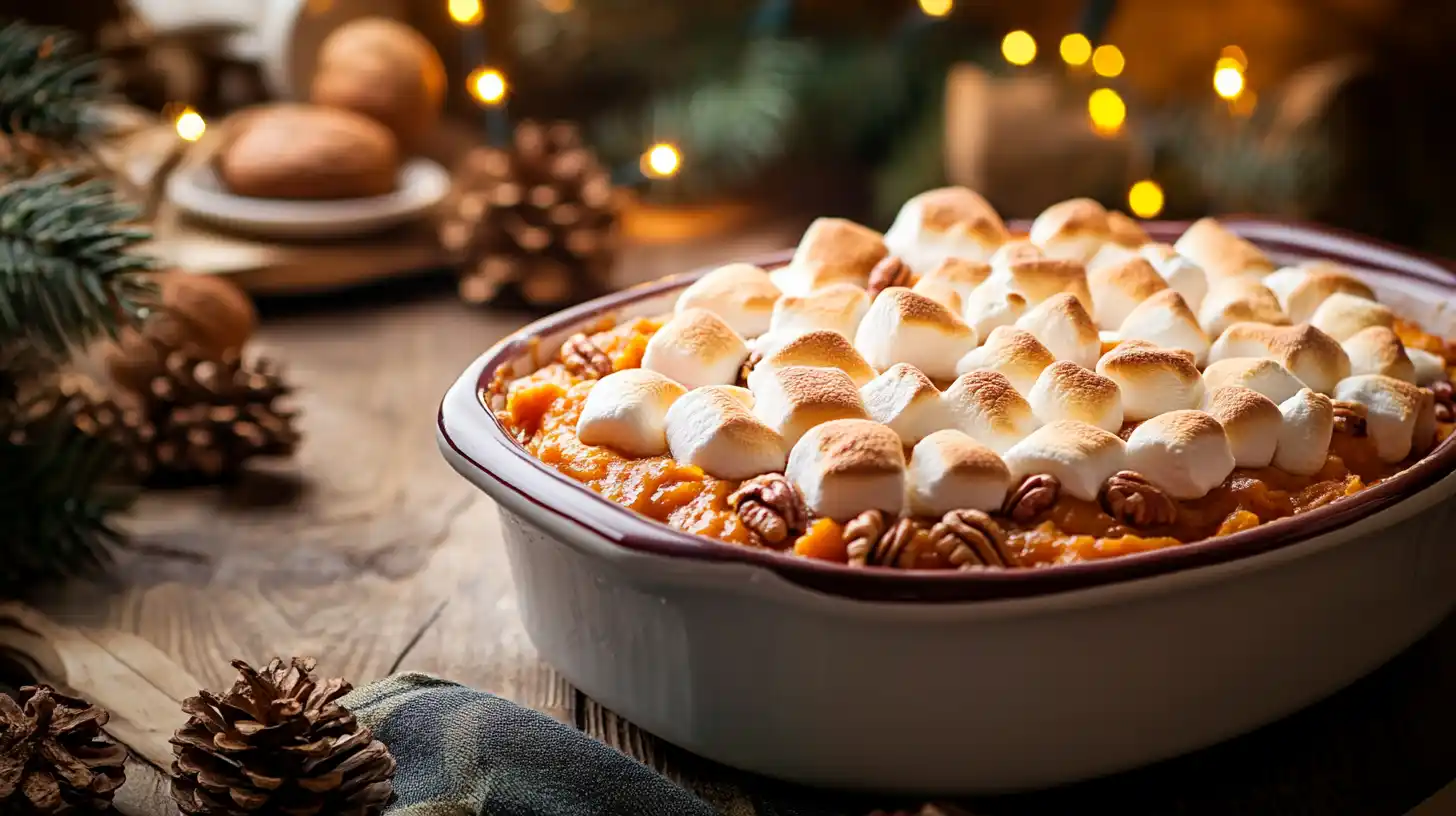 Old-Fashioned Sweet Potato Casserole in a Rustic Baking Dish