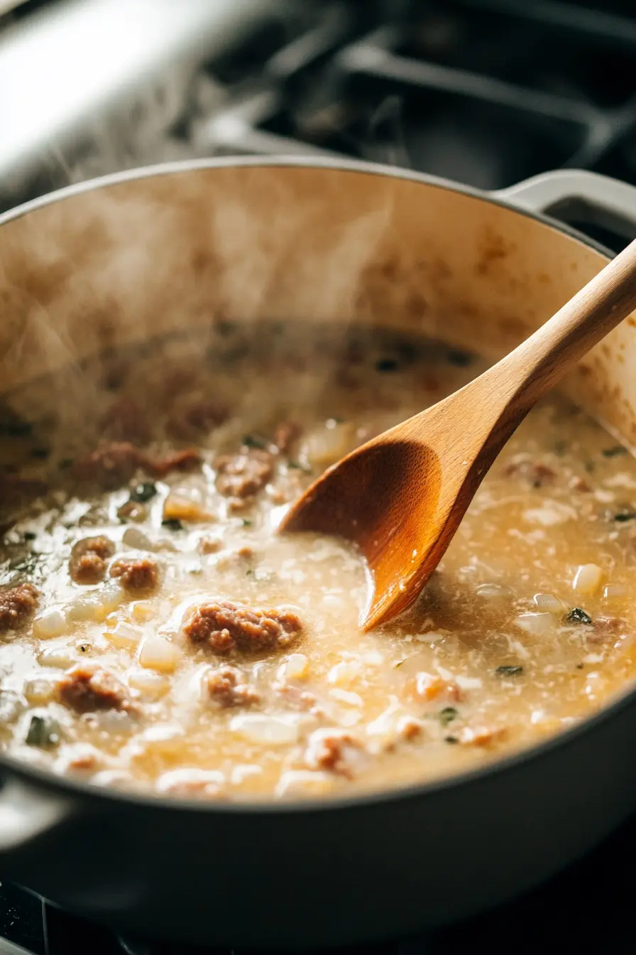 A wooden spoon stirring a pot of simmering broth with Italian sausage, onions, and garlic, releasing a rich aroma.