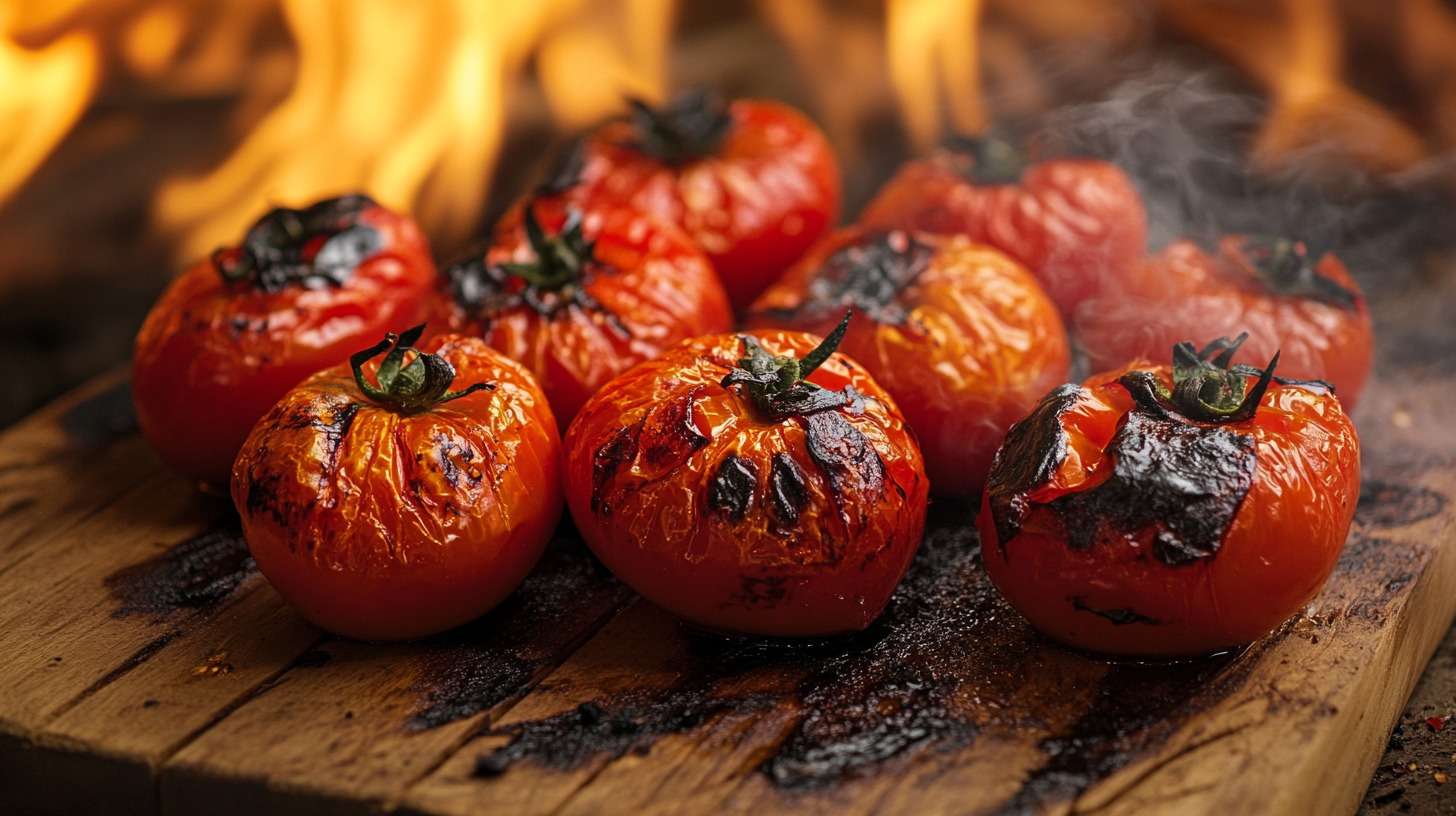 Fire roasted tomatoes with charred skins on a wooden surface.