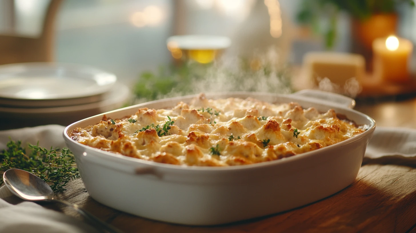 Ritz chicken casserole fresh from the oven on a wooden table.