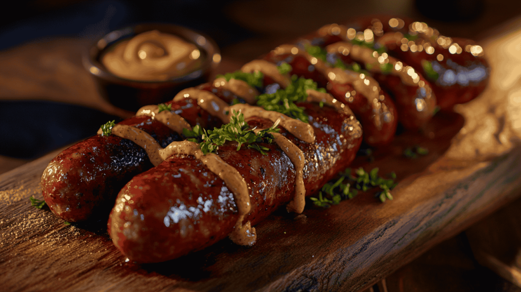 Freshly cooked beef sausages garnished with parsley.