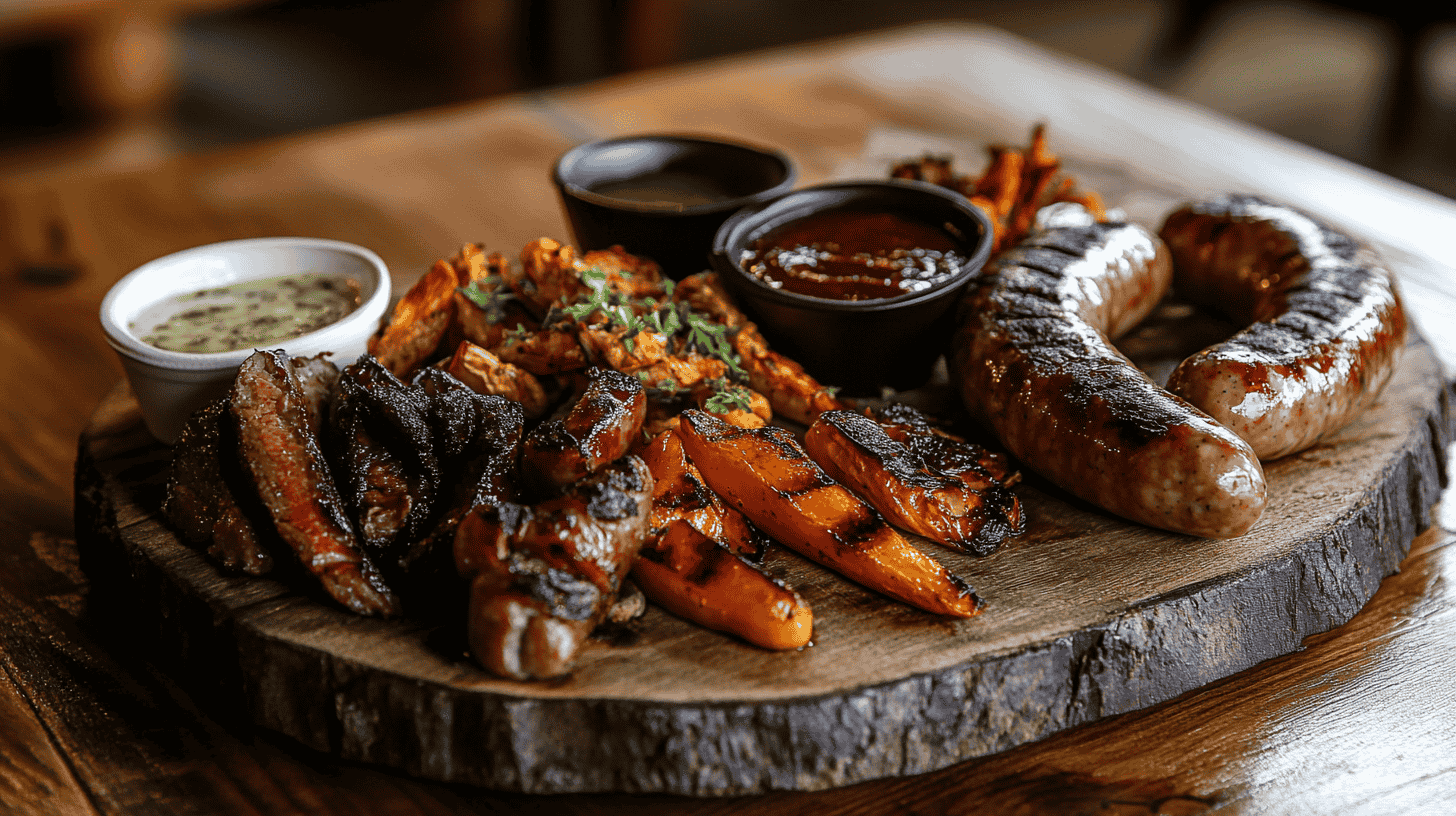 Grilled beef sausages with roasted vegetables and sauces.