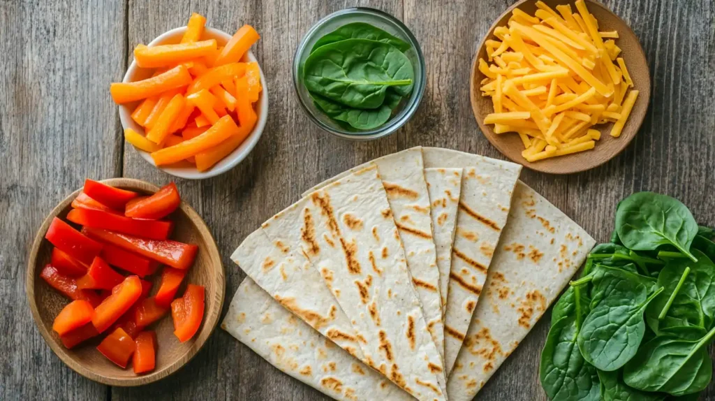 Ingredients for making healthy quesadillas, including tortillas, cheese, chicken, and veggies.