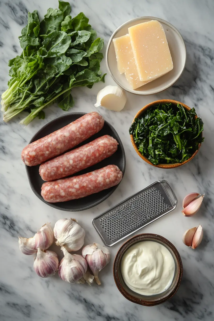 Fresh ingredients for creamy parmesan Italian sausage soup, including sausage, Parmesan, garlic, onions, and cream, arranged on a marble countertop.