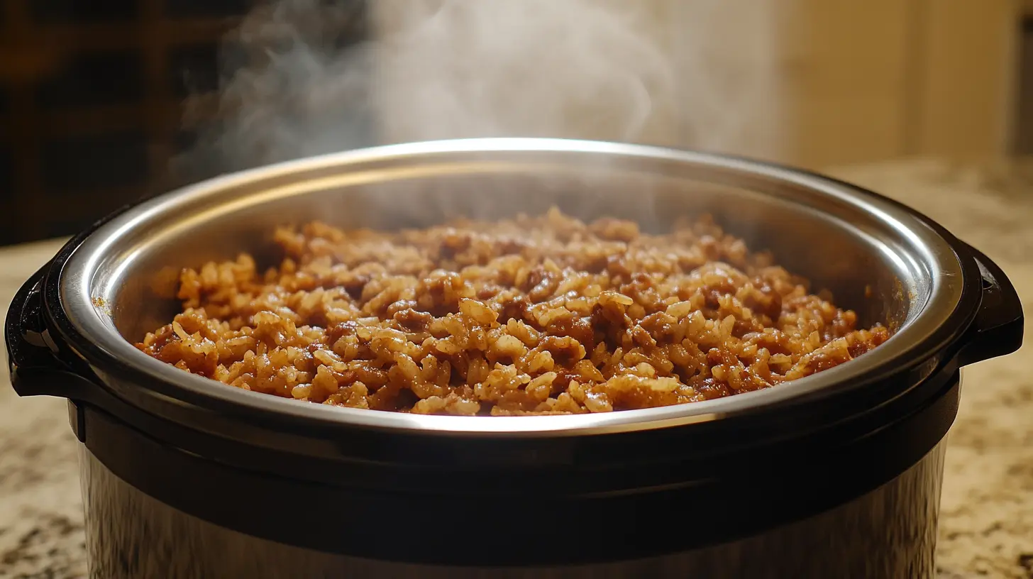 Steaming Mexican rice in a cooker, fluffy and brown with visible spices.