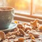 Mushroom tea cup on a wooden table with dried mushrooms