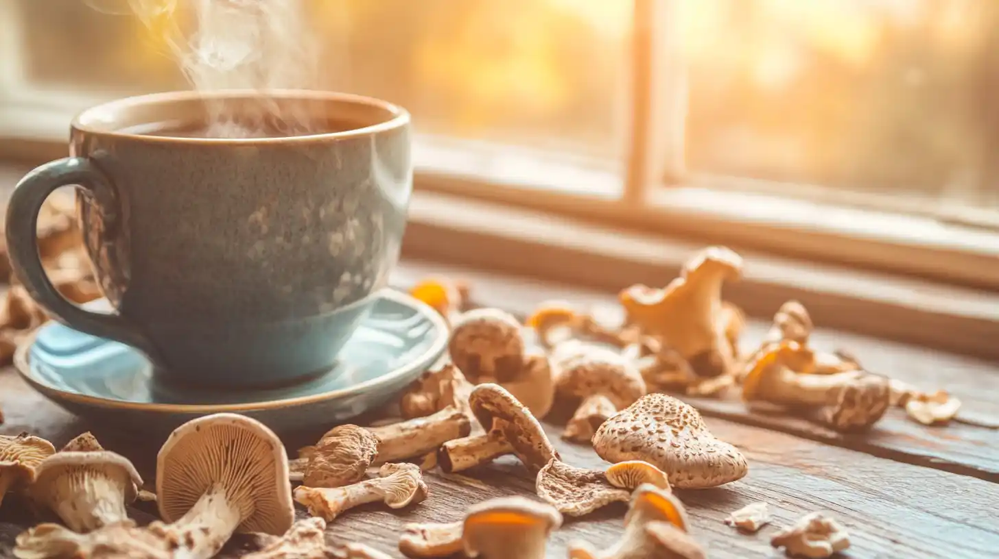 Mushroom tea cup on a wooden table with dried mushrooms