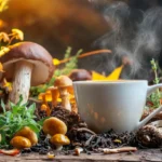 Steaming cup of mushroom tea with Reishi, Chaga, and Lion’s Mane mushrooms on a rustic table.