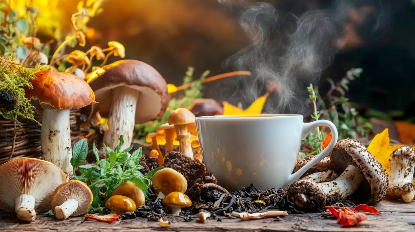 Steaming cup of mushroom tea with Reishi, Chaga, and Lion’s Mane mushrooms on a rustic table.