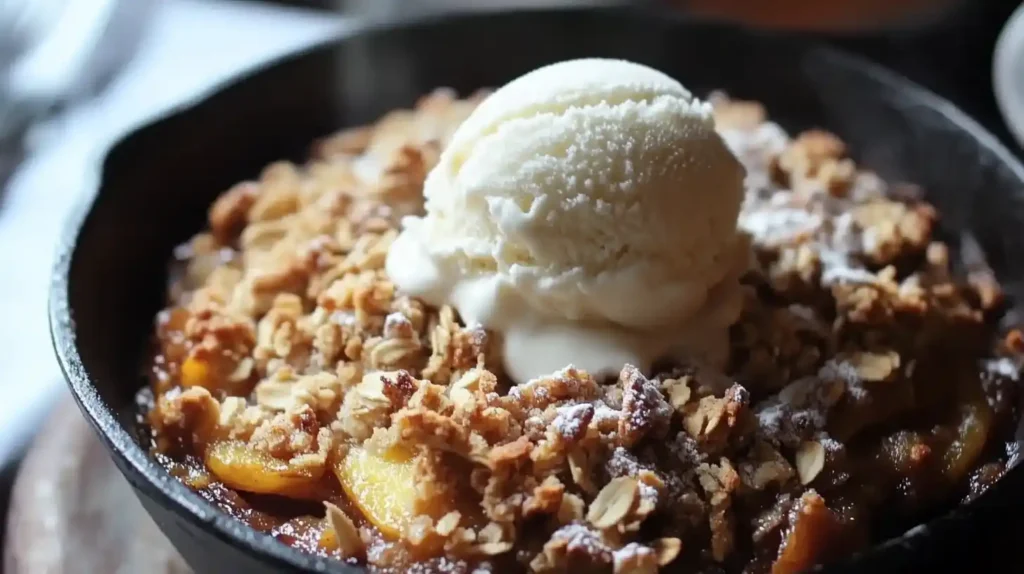 Peach crisp with oat topping and ice cream.