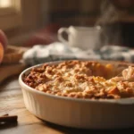 Freshly baked golden peach crumble in a ceramic dish.