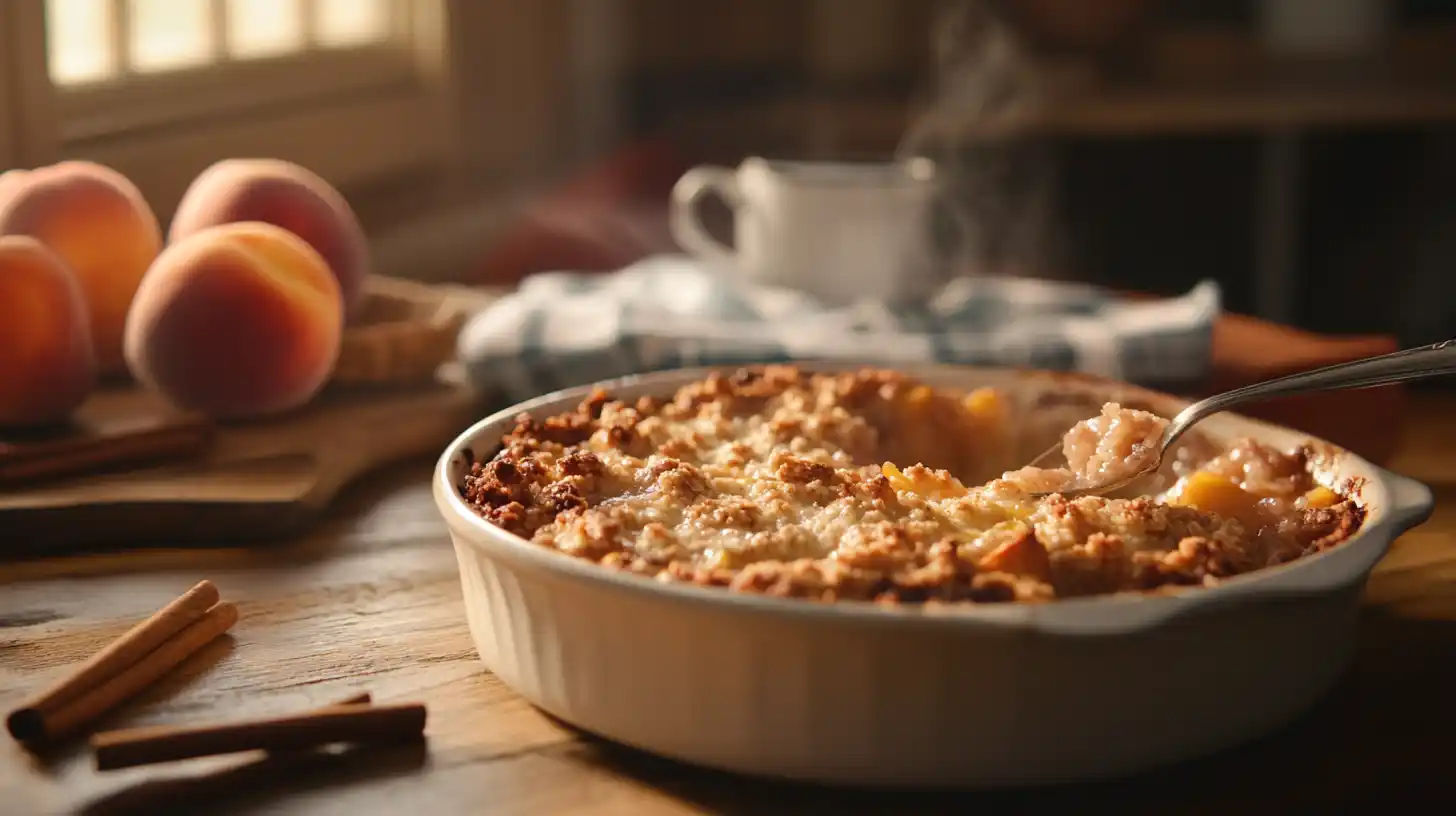 Freshly baked golden peach crumble in a ceramic dish.