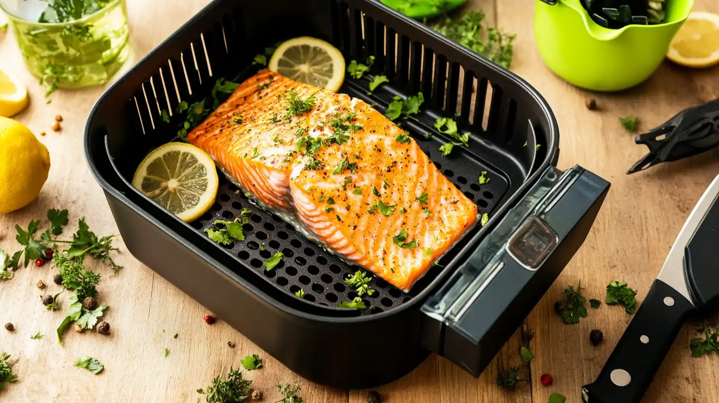 Air-fried frozen salmon with lemon slices in a basket