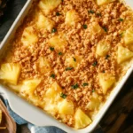 Golden pineapple casserole with buttery topping in a baking dish.