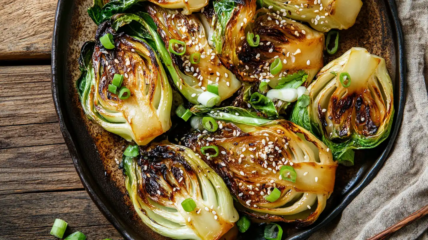 Roasted bok choy garnished with sesame seeds and green onions