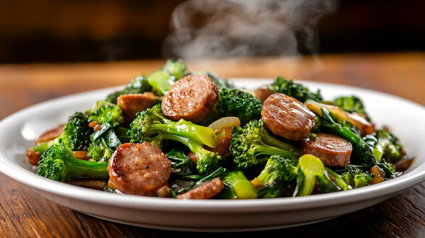 Freshly made sausage broccoli stir-fry on a white plate.