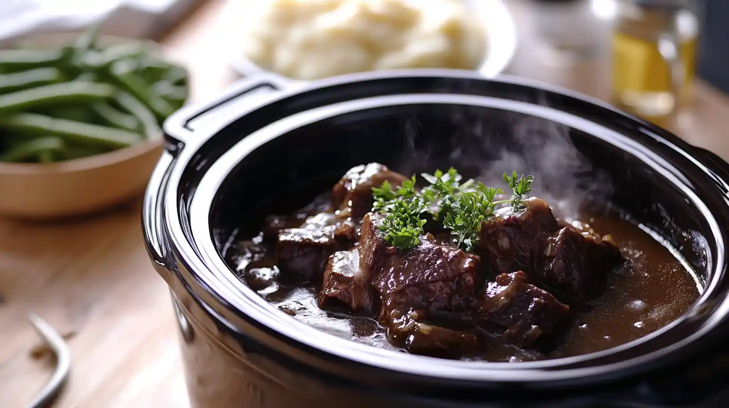 Slow cooker cube steak with gravy in a cozy kitchen setting.